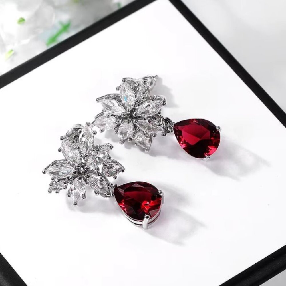 🔥NEW Water Drop Ruby💎 Moissanite look Leafy Pear Cut Dangle Earring, GPMB1412